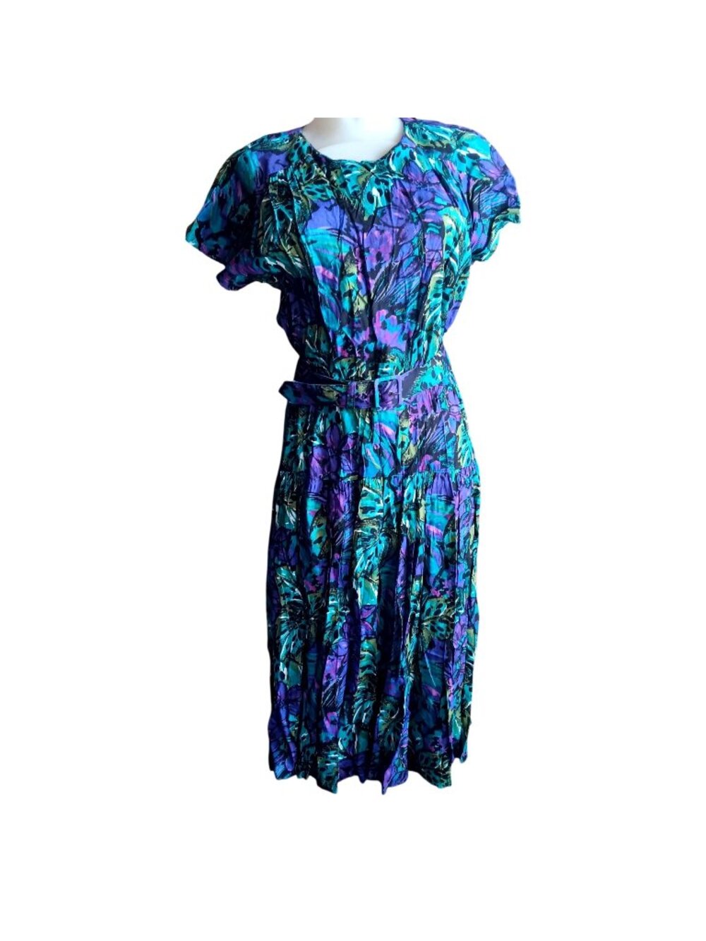 True Vintage Floral Midi Dress 12P Rayon Luci Fellini Purple Teal Abstract Print